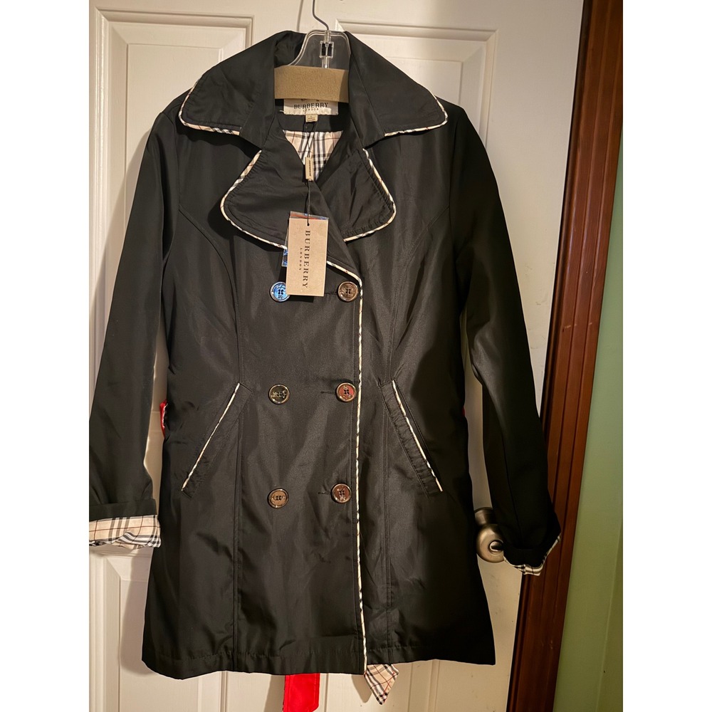 Burberry London Black Nova Check Trim Double Breasted Trench Coat Large NWT